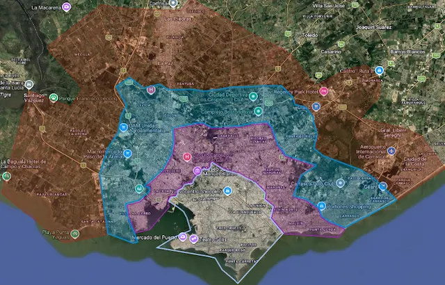 Mapa de zonas de envío en Montevideo - Tarifas de cadetería por zona 1, 2, 3 y 4